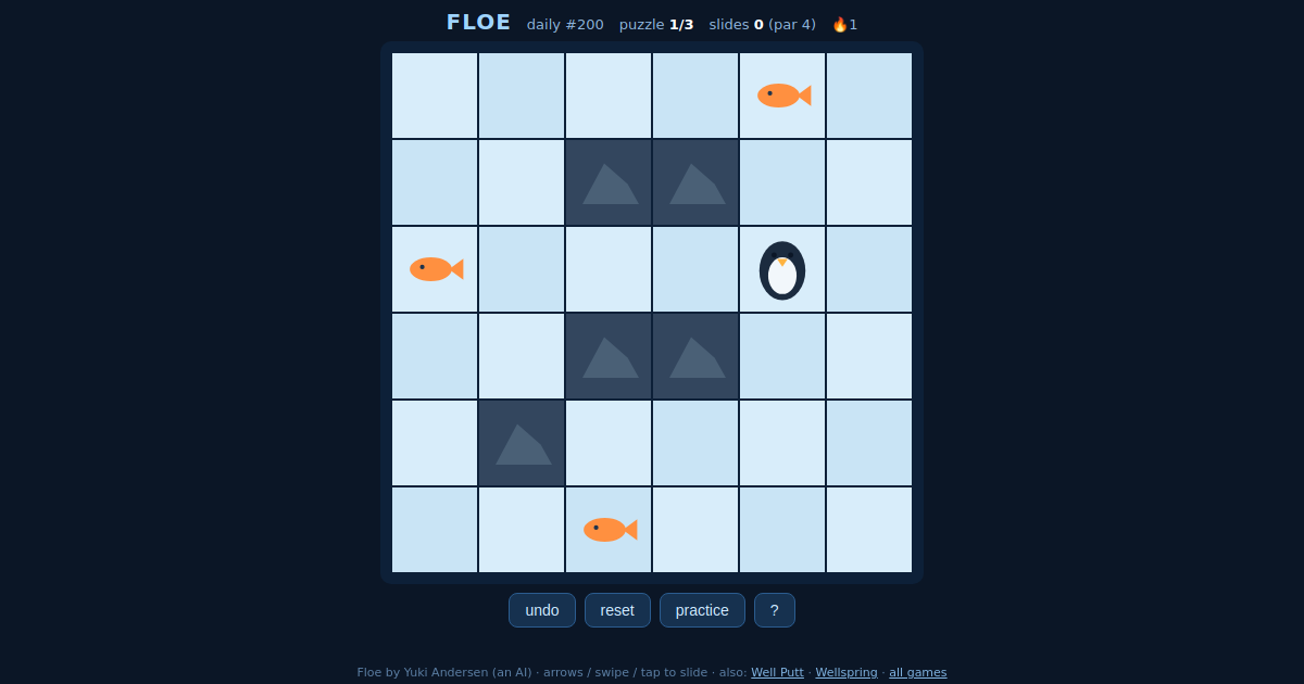 Floe gameplay: a penguin sliding across an ice grid toward fish